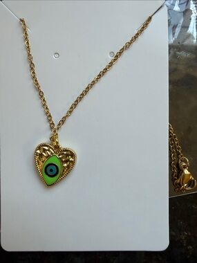 Gold Heart Evil Eye Necklace with Green Enamel Accent